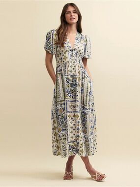 Nobody's Child Starlight Midaxi Dress Linen Blend White Floral Tile Print